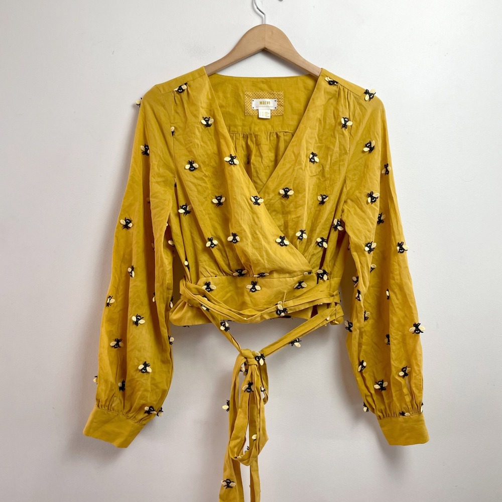 Maeve Anthropologie Yellow Embroidered Bee Wrap Blouse Top Sz 14 Whimsical Boho